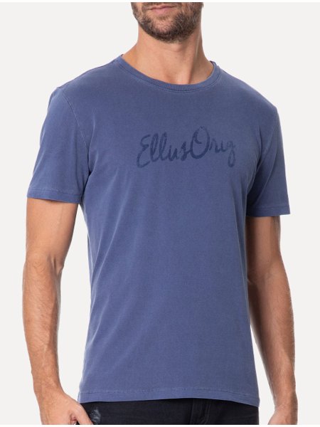 Camiseta Ellus Masculina Cotton Washed Origin. Script Azul Escuro