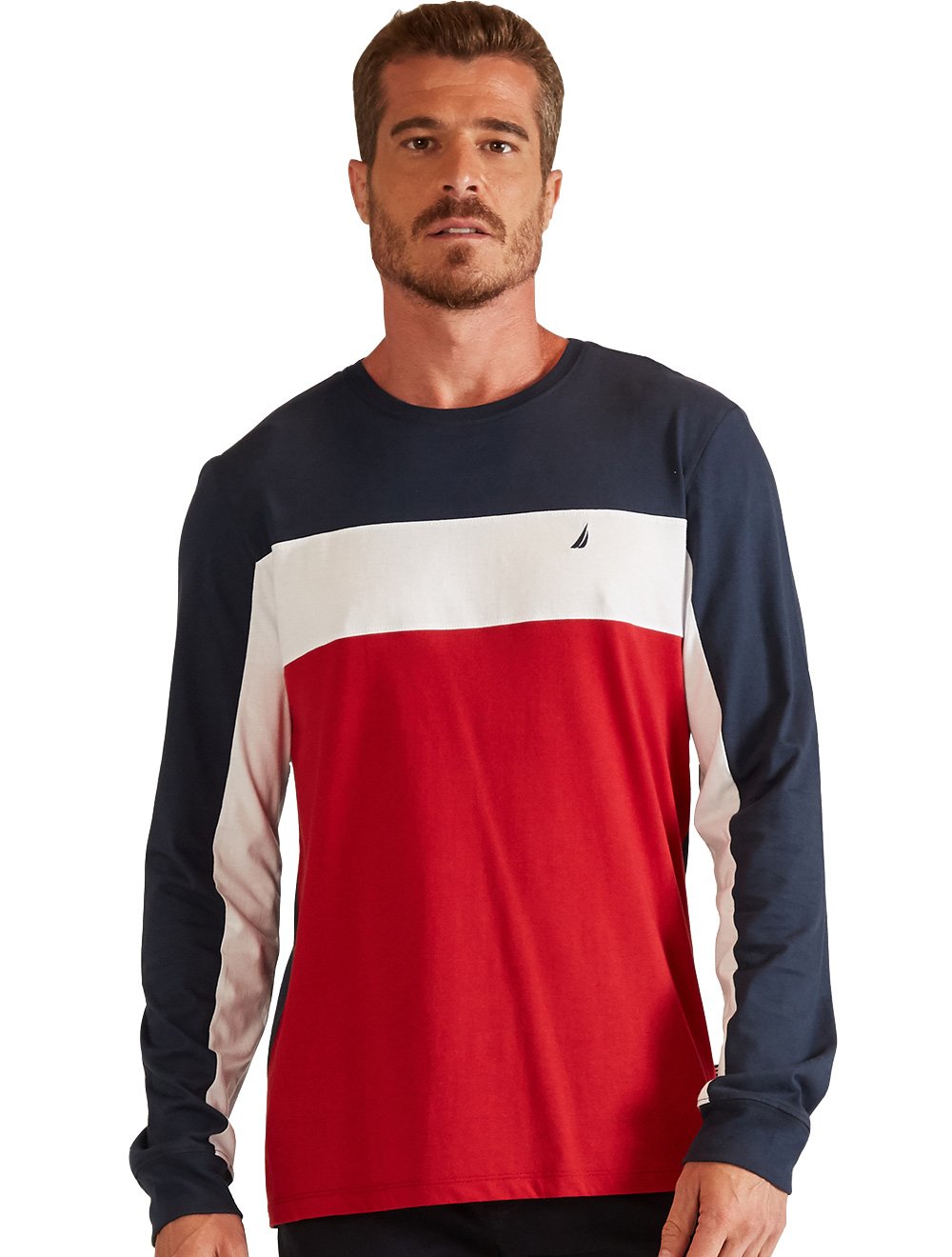 Camiseta Nautica Masculina Manga Longa Colorblock Branca/Marinho/Vermelha