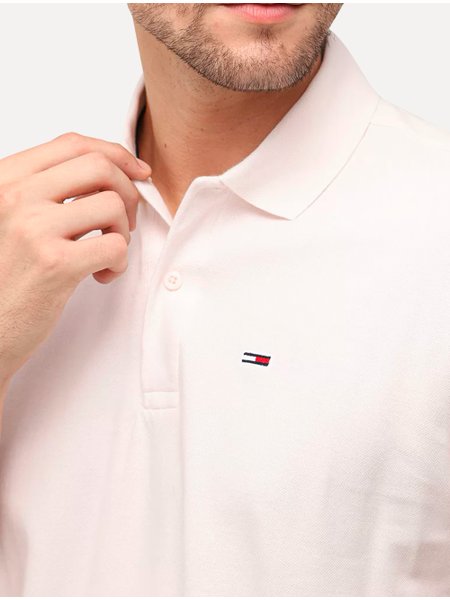 Polo Tommy Jeans Masculina Slim Piquet Flag Placket Rosa Off-White