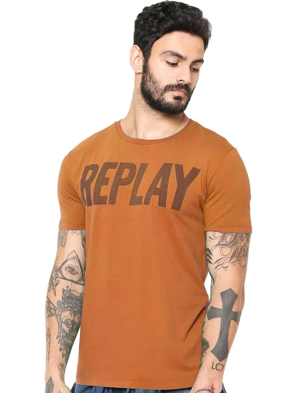 Camiseta Replay Masculina Stamp Silk Black Logo Laranja