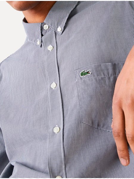 Camisa Lacoste Masculina Cotton Poplin Grid Branco/Azul Marinho
