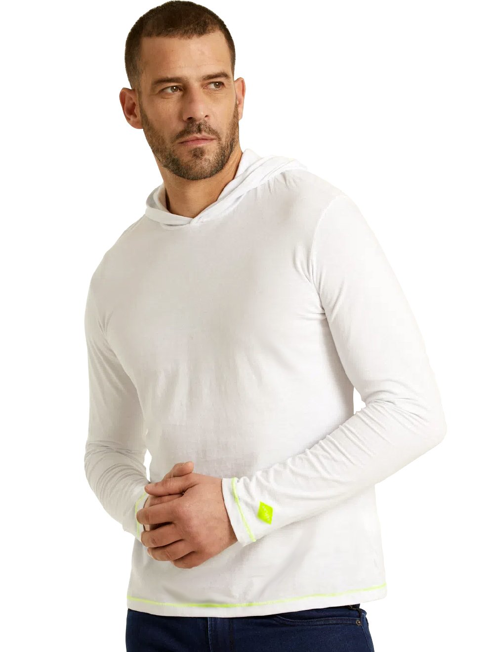 Camiseta Replay Masculina Manga Longa Hoodie Detalhe Fluor Branca