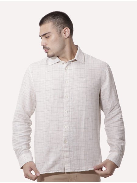 Camisa Ellus Masculina Regular Linen Blend Breeze Italian Xadrez Off-White