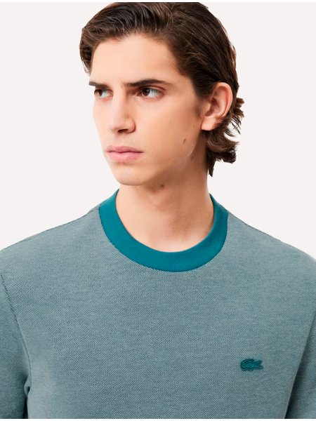 Camiseta Lacoste Masculina Caviar Texture Contrast Neck Verde Mescla