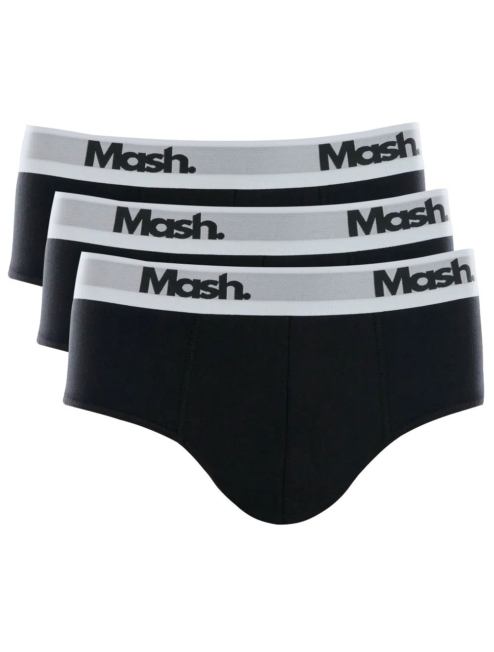 Cueca Mash Slip Cotton Spandex Black Logo Preta Pack 3UN