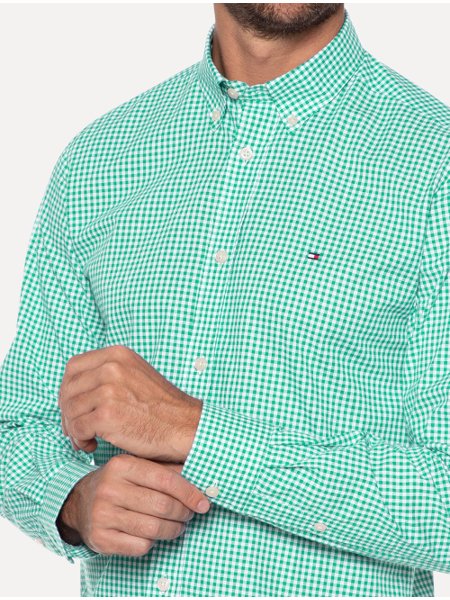 Camisa Tommy Hilfiger Masculina Xadrez Gingham Branca/Verde Turquesa
