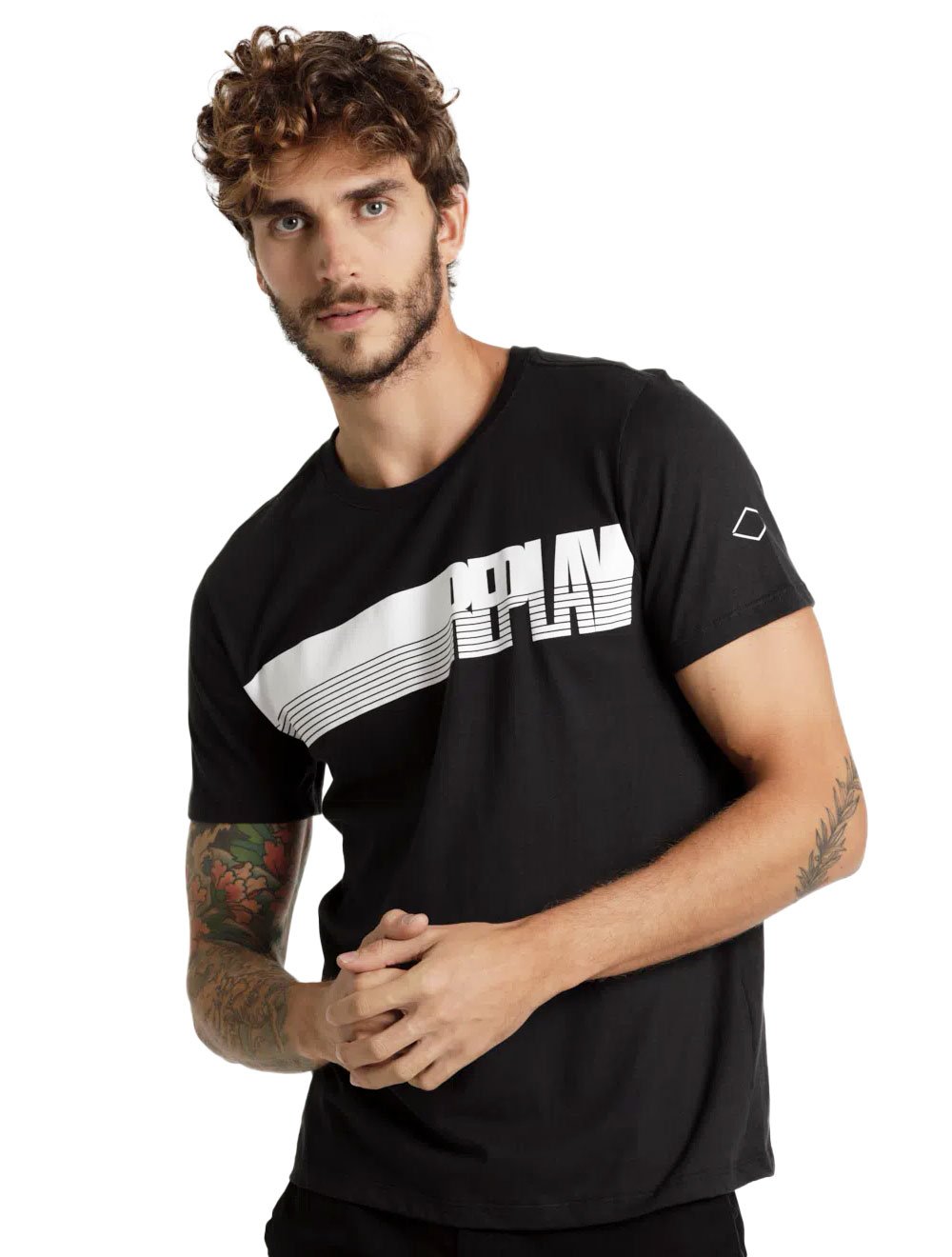 Camiseta Replay Masculina C-Neck Brand Stripes Preta