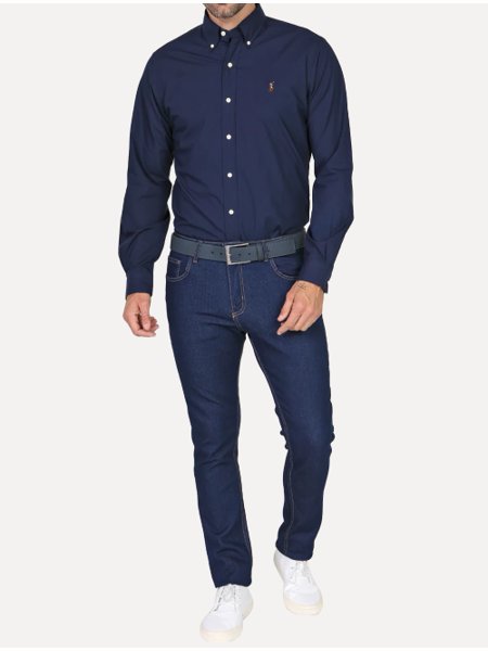 Camisa Ralph Lauren Masculina Custom Fit Oxford Coloured Logo Azul Escuro