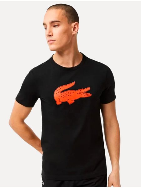 Camiseta Lacoste Masculina Jersey Sport 3D Orange Logo Preta