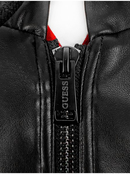 Jaqueta Guess Masculina Hoodie Bomber Faux Leather Back Logo Preta
