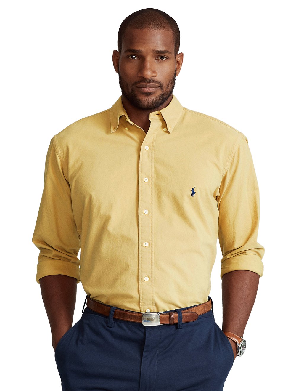 Camisa Ralph Lauren Masculina Custom Fit Oxford Navy Icon Amarela