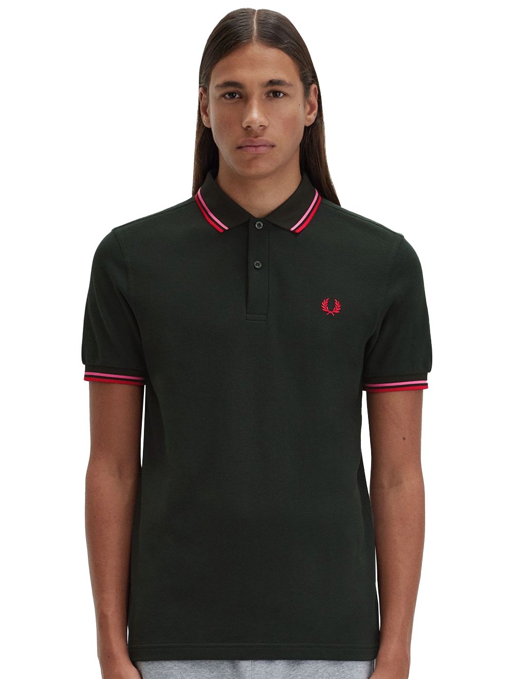 Polo Fred Perry Masculina Piquet Regular Red Twin Tipped Verde Militar Escuro
