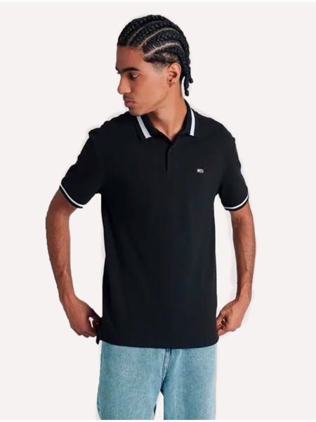 Polo Tommy Jeans Masculina Piquet Regular Tipped Stretch Preta