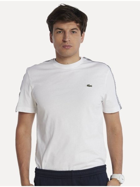 Camiseta Lacoste Masculina Regular Fit Listrada Logo Branca