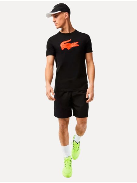 Camiseta Lacoste Masculina Jersey Sport 3D Orange Logo Preta
