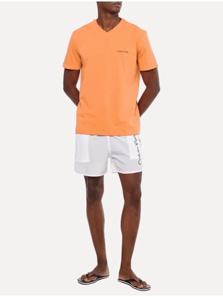 Camiseta Calvin Klein Swimwear Masculina V-Neck Slim Fit Logo Laranja