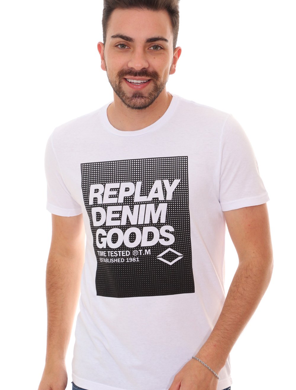 Camiseta Replay Masculina Denim Goods Block Dots Branca