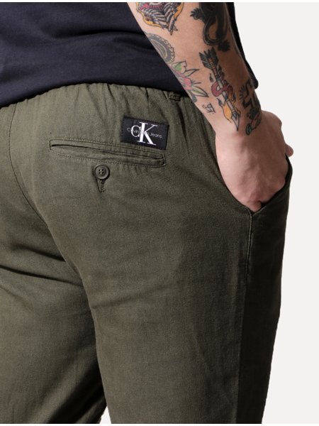 Calça Calvin Klein Jeans Masculina Linho Cós Elástico Verde Militar