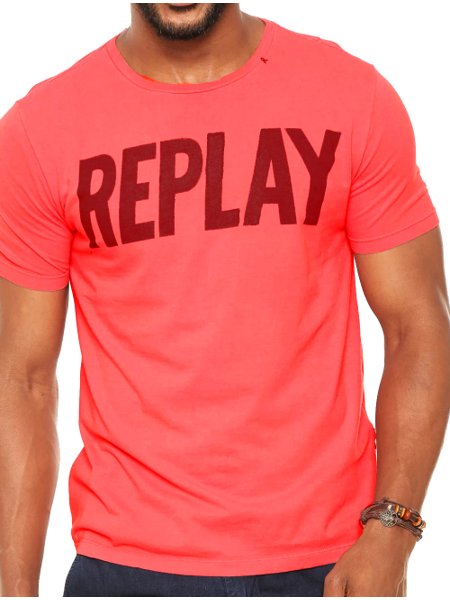 Camiseta Replay Masculina Frontal Stamp Logo Vermelho Coral