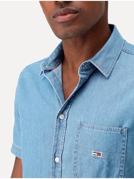 Camisa Tommy Jeans Masculina Manga Curta Regular Denim Overshirt Azul