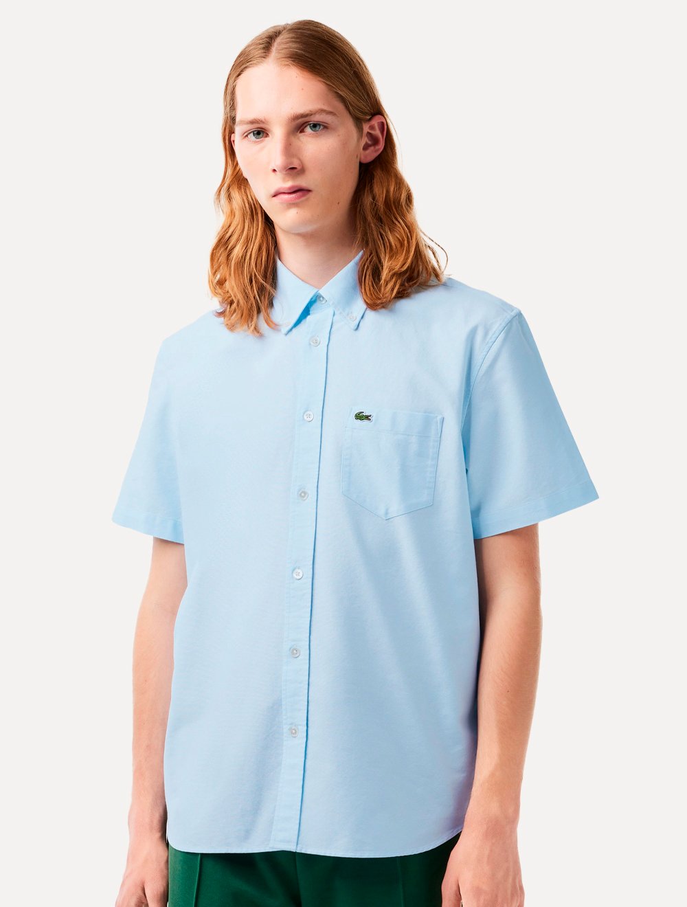 Camisa Lacoste Masculina Manga Curta Regular Oxford Pocket Azul Claro ...