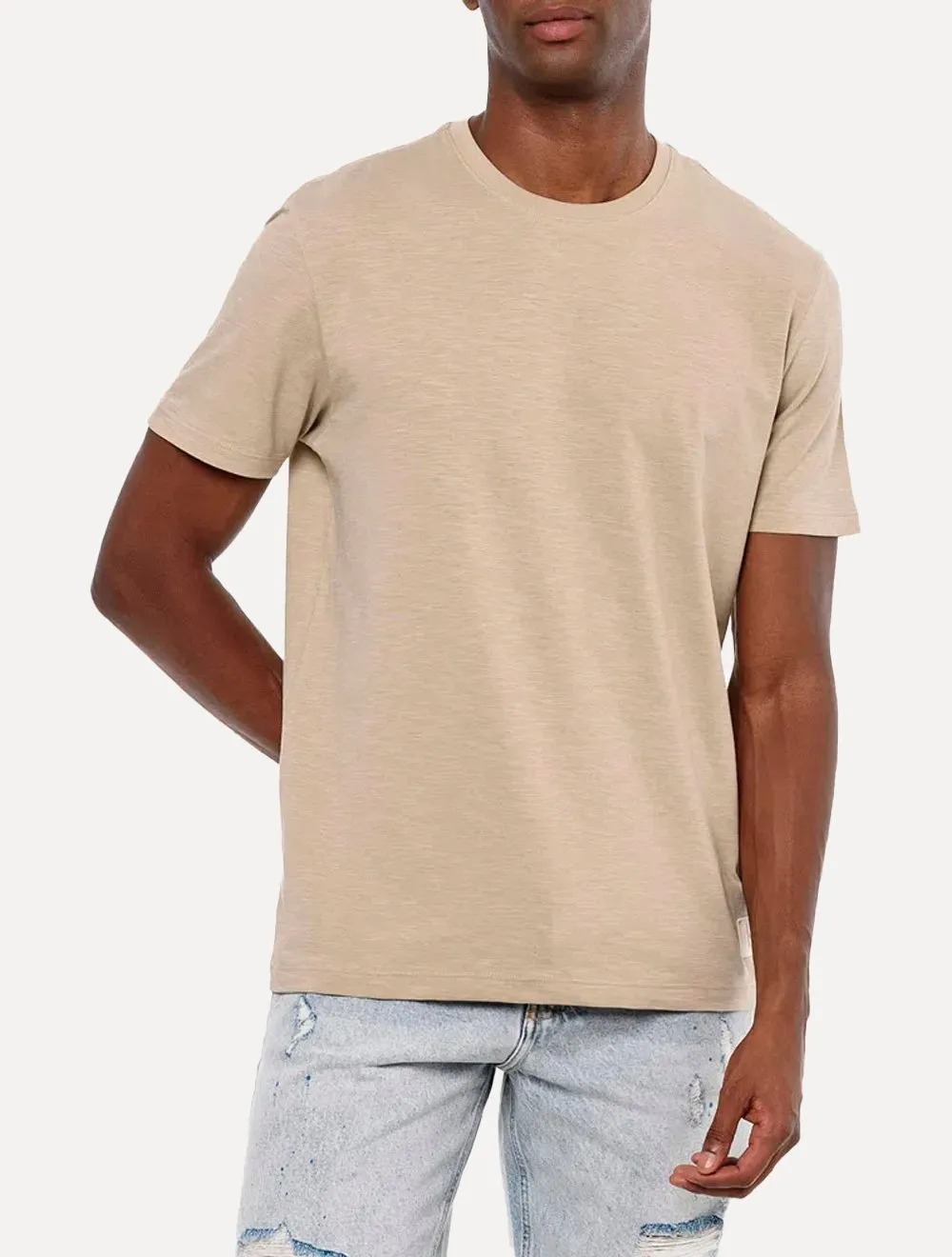 Camiseta Calvin Klein Jeans Masculina CK Khakis Stone Cáqui Claro Mescla