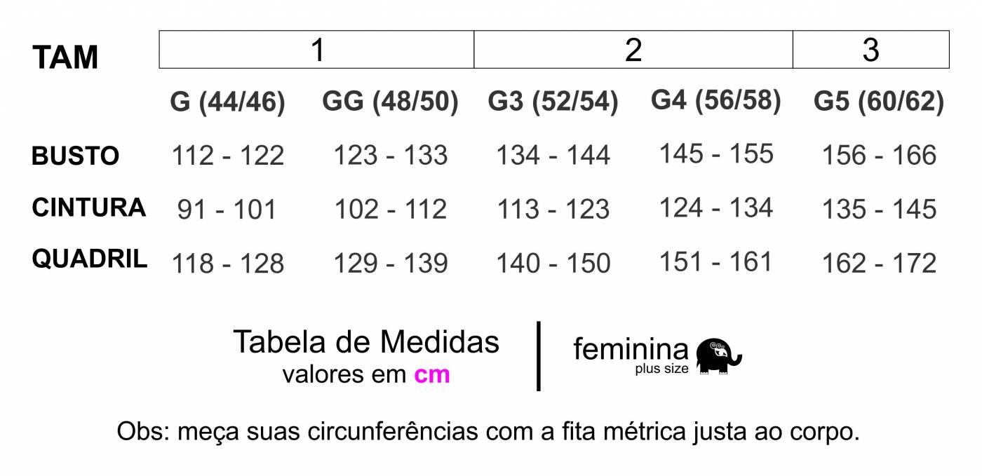 Tabela de Medidas Feminina Plus Size