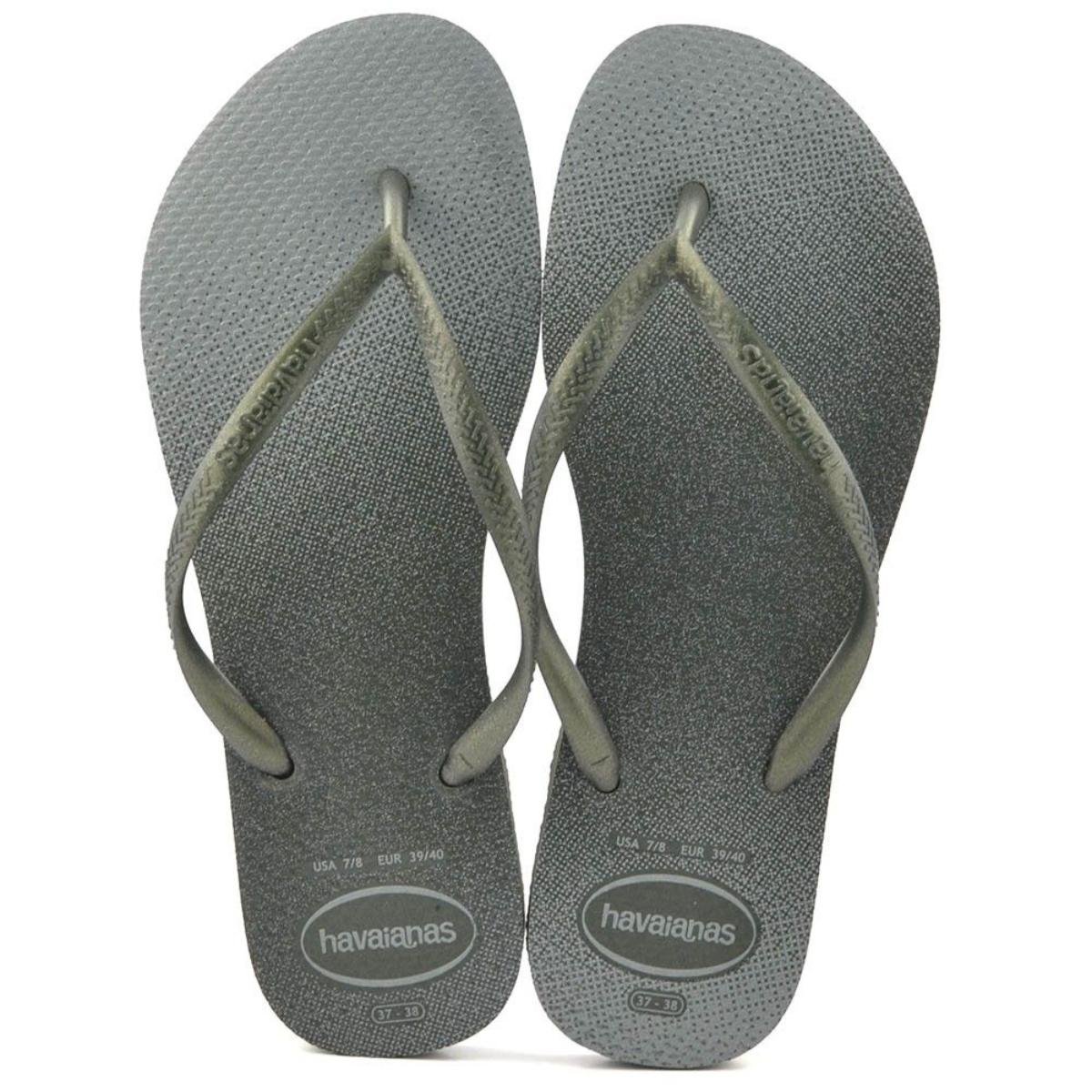 Chinelo Havaianas Slim Square Logo Metallic Musgo